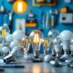 A photograph of a variety of light bulbs displayed in an organized manner