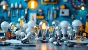 A photograph of a variety of light bulbs displayed in an organized manner