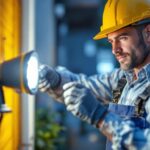 A photograph of a lighting contractor installing small flood light bulbs in an outdoor setting