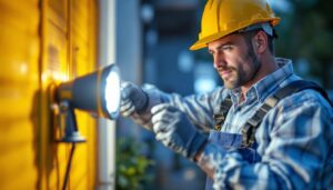 A photograph of a lighting contractor installing small flood light bulbs in an outdoor setting
