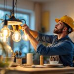 A photograph of a skilled lighting contractor in action