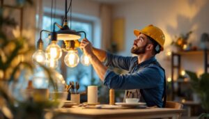 A photograph of a skilled lighting contractor in action