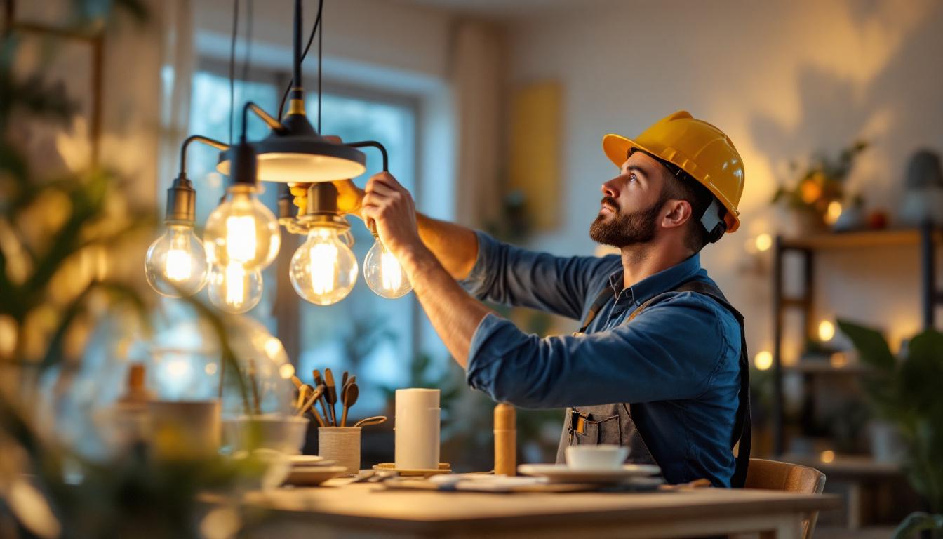 A photograph of a skilled lighting contractor in action