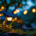 A photograph of a solar lamp in a vibrant outdoor setting during dusk