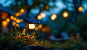 A photograph of a solar lamp in a vibrant outdoor setting during dusk