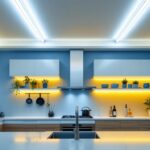 A photograph of a modern kitchen featuring sleek fluorescent ceiling lights