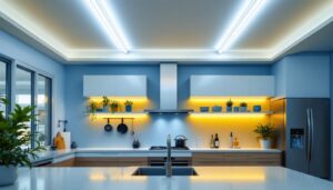 A photograph of a modern kitchen featuring sleek fluorescent ceiling lights