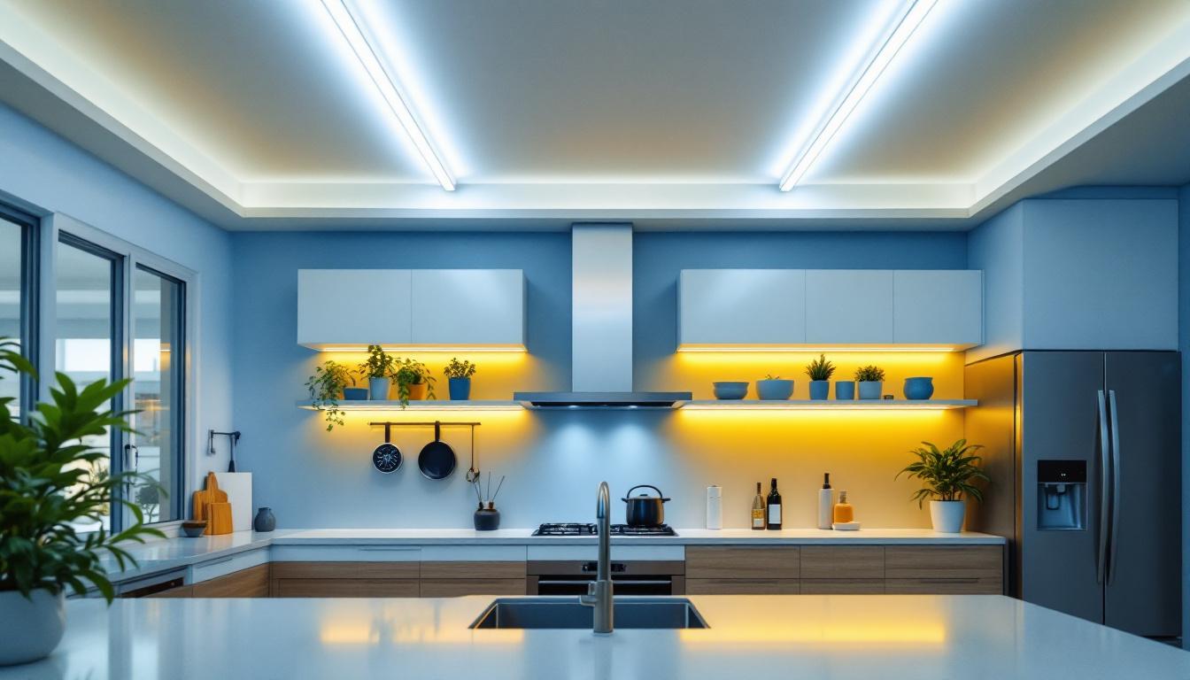 A photograph of a modern kitchen featuring sleek fluorescent ceiling lights