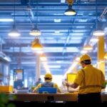 A photograph of a modern utility lighting installation in an industrial or commercial setting