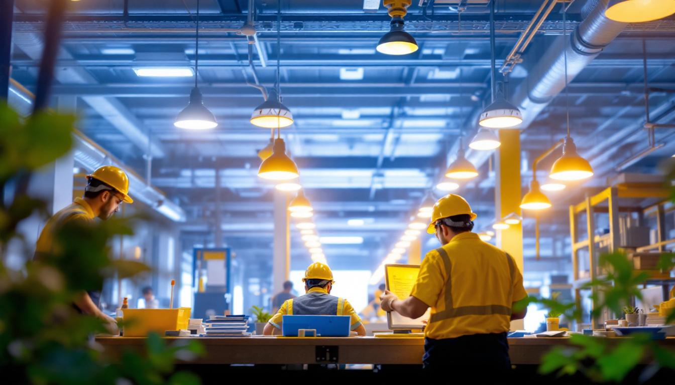 A photograph of a modern utility lighting installation in an industrial or commercial setting