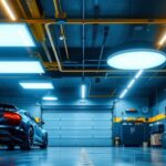 A photograph of a stylish garage interior featuring modern ceiling fixtures that showcase innovative lighting solutions