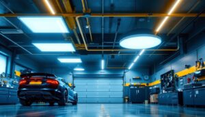 A photograph of a stylish garage interior featuring modern ceiling fixtures that showcase innovative lighting solutions
