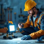 A photograph of a lighting contractor using a portable led work light on a job site