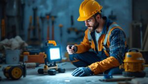 A photograph of a lighting contractor using a portable led work light on a job site