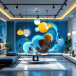 A photograph of a modern lighting showroom showcasing innovative and stylish lighting fixtures