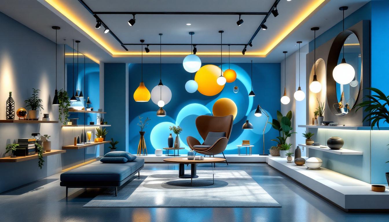 A photograph of a modern lighting showroom showcasing innovative and stylish lighting fixtures