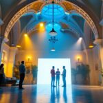 A photograph of a beautifully lit room with a cathedral ceiling