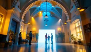 A photograph of a beautifully lit room with a cathedral ceiling
