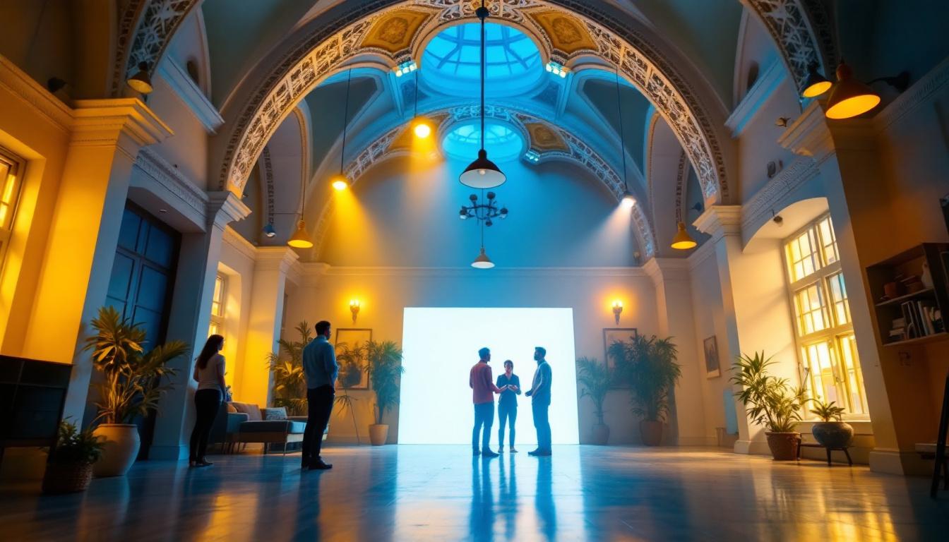 A photograph of a beautifully lit room with a cathedral ceiling