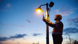 A photograph of a lighting contractor inspecting a well-designed light pole installation at dusk