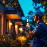 A photograph of a lighting contractor installing vibrant outdoor led light tubes in a residential or commercial setting