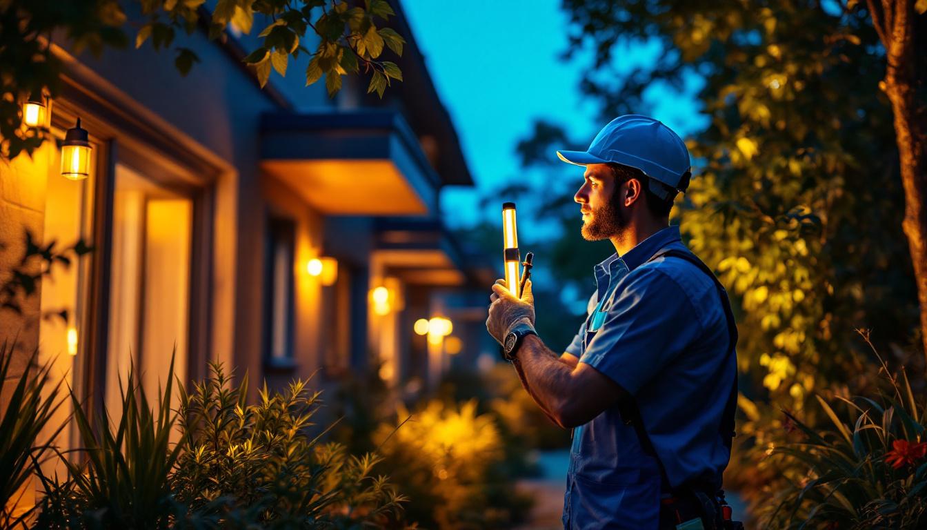 A photograph of a lighting contractor installing vibrant outdoor led light tubes in a residential or commercial setting