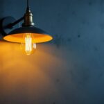 A photograph of a beautifully designed industrial-style lighting fixture in a modern interior setting