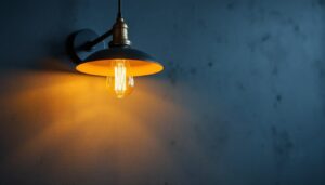 A photograph of a beautifully designed industrial-style lighting fixture in a modern interior setting