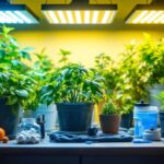 A photograph of a well-organized grow kit setup featuring various plants under bright