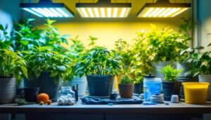 A photograph of a well-organized grow kit setup featuring various plants under bright