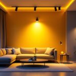 A photograph of a modern interior space featuring slim led pot lights in action