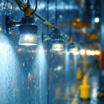 A photograph of a well-lit installation of led wet location light fixtures in an outdoor or industrial setting