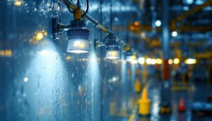 A photograph of a well-lit installation of led wet location light fixtures in an outdoor or industrial setting