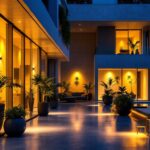 A photograph of a well-lit indoor or outdoor space showcasing modern lighting installations