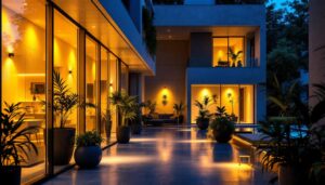 A photograph of a well-lit indoor or outdoor space showcasing modern lighting installations