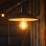A photograph of a beautifully designed barn light illuminating a rustic barn interior
