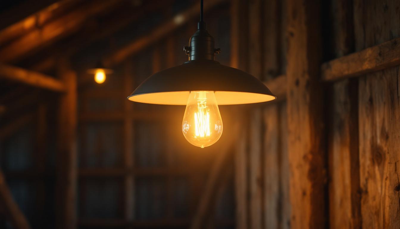 A photograph of a beautifully designed barn light illuminating a rustic barn interior