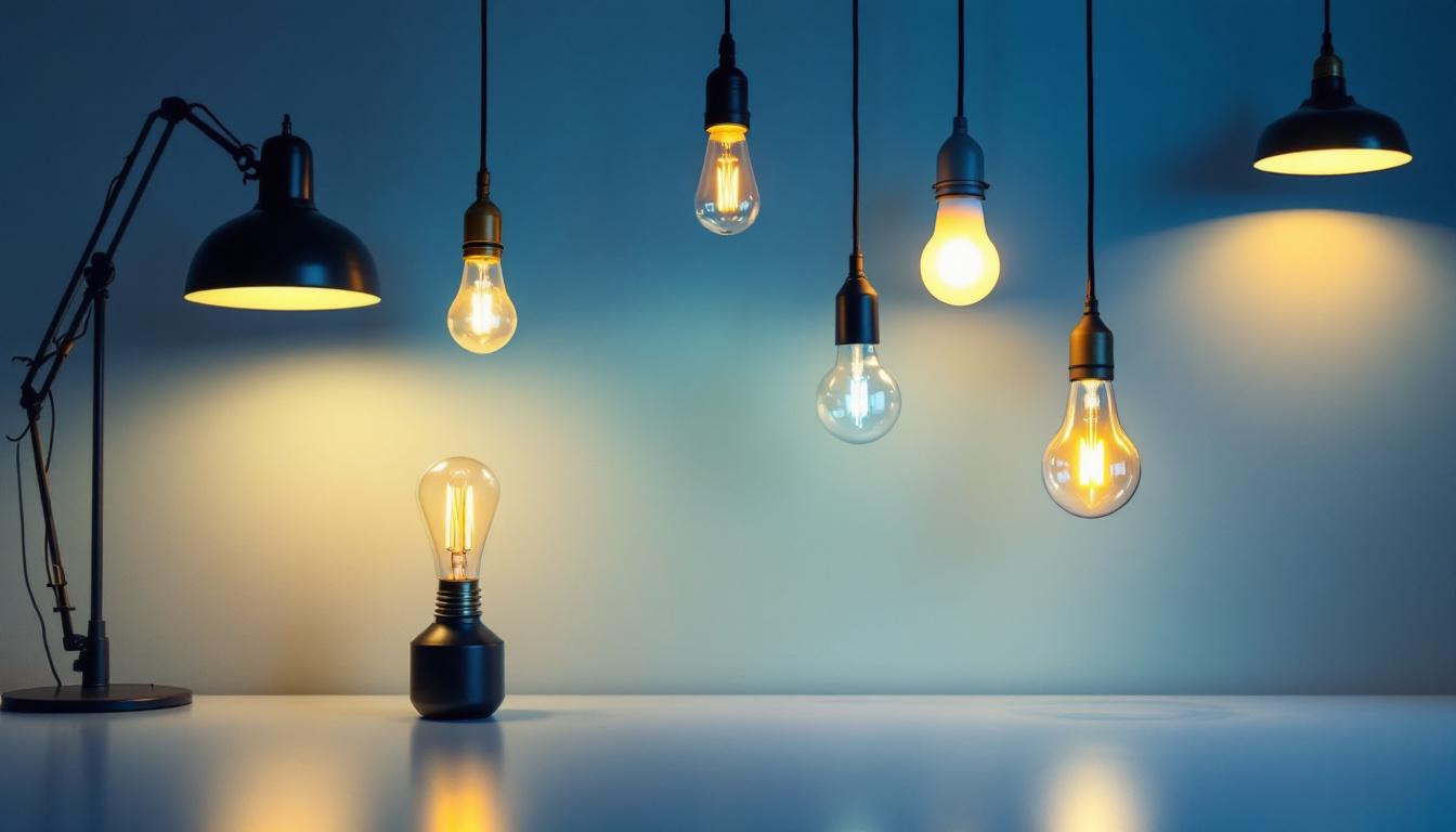 A photograph of a well-lit room showcasing various types of lamps and bulbs in use