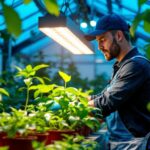 A photograph of a lighting contractor installing a ceramic metal halide grow light in a vibrant indoor garden or greenhouse setting