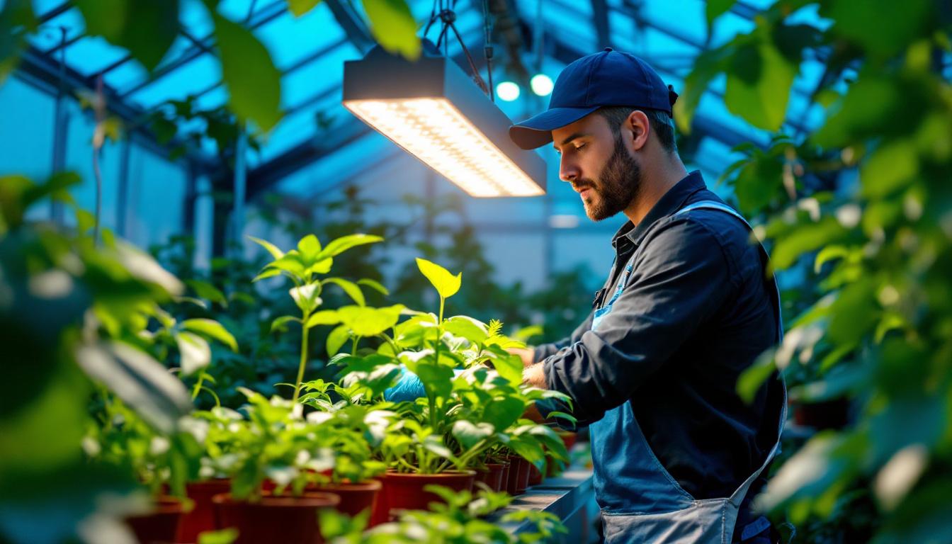 A photograph of a lighting contractor installing a ceramic metal halide grow light in a vibrant indoor garden or greenhouse setting