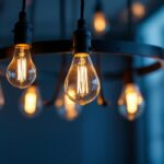 A photograph of a beautifully designed chandelier with flickering light bulbs
