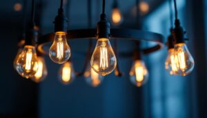 A photograph of a beautifully designed chandelier with flickering light bulbs