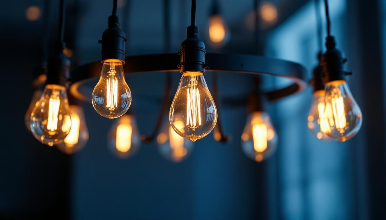A photograph of a beautifully designed chandelier with flickering light bulbs