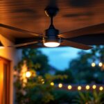 A photograph of a stylish outdoor ceiling fan installed in a well-lit patio or garden setting