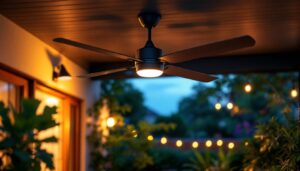 A photograph of a stylish outdoor ceiling fan installed in a well-lit patio or garden setting