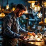 A photograph of a skilled lighting contractor examining a variety of second-hand lighting fixtures in a well-lit workshop