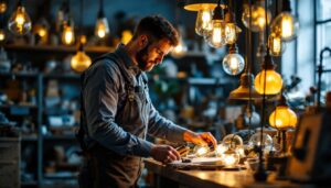 A photograph of a skilled lighting contractor examining a variety of second-hand lighting fixtures in a well-lit workshop
