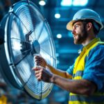 A photograph of a lighting contractor inspecting or installing an industrial size fan in a large warehouse or commercial space