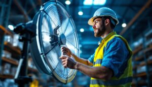 A photograph of a lighting contractor inspecting or installing an industrial size fan in a large warehouse or commercial space
