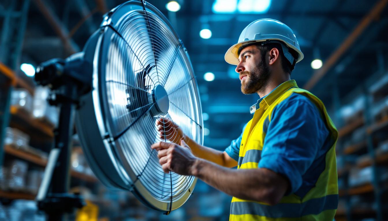 A photograph of a lighting contractor inspecting or installing an industrial size fan in a large warehouse or commercial space